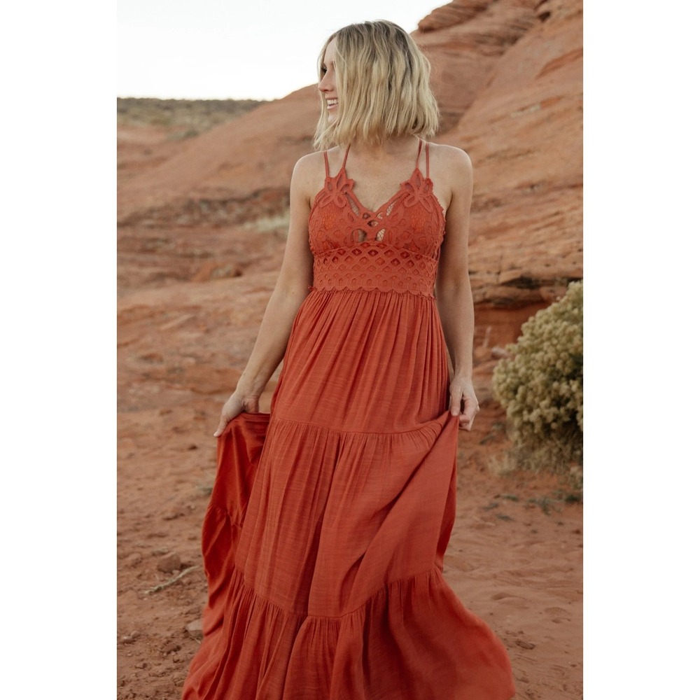 Baltic Born Summerlin Lace Top Tiered Maxi Dress Rust Womens Small
